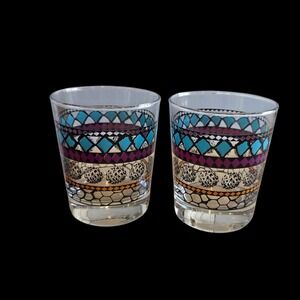 2 IKEA Cocktail Old Fashioned Glass Geometric Purple Teal Black Retro